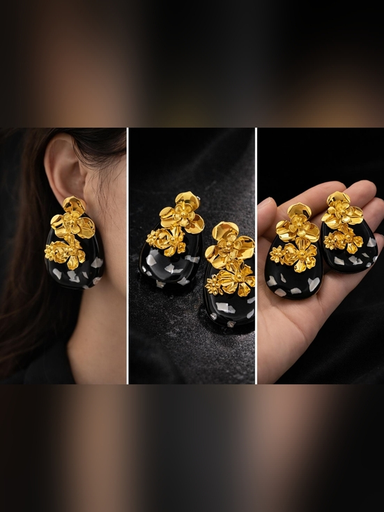Black Resin Earrings with Gold Floral Accents - Picture 2 of 10